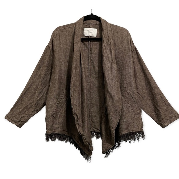 Zara Linen Cardigan Jacket Knit Brown Fringe Long Sleeve Womens XS S - Picture 2 of 13